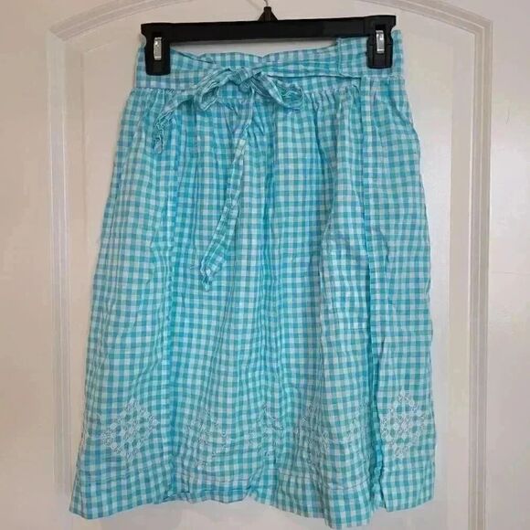 Vtg. Handmade Blue & White Gingham Check Half Apron w White Cross Stitch, Pocket - Picture 7 of 8